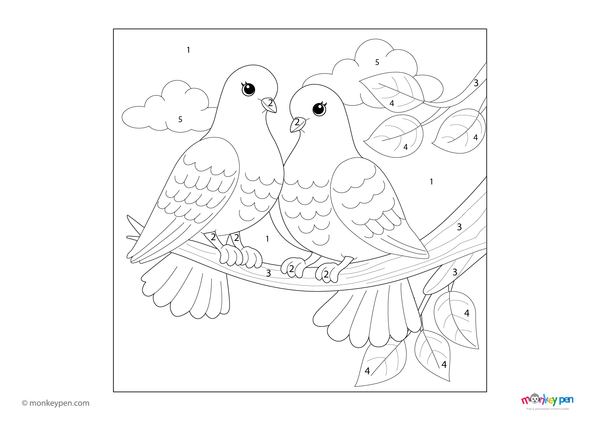 Pair of doves color by number PDF for kids, free to download—includes numbered sections for feathers, wings, and a calm background, blending peaceful imagery with early learning.