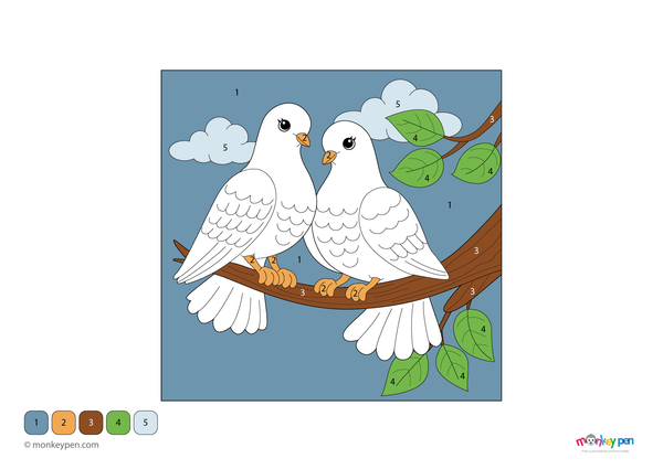 Pair of doves color by number PDF for kids, free to download—includes numbered sections for feathers, wings, and a calm background, blending peaceful imagery with early learning.