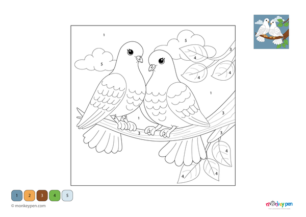 Pair of doves color by number PDF for kids, free to download—includes numbered sections for feathers, wings, and a calm background, blending peaceful imagery with early learning.