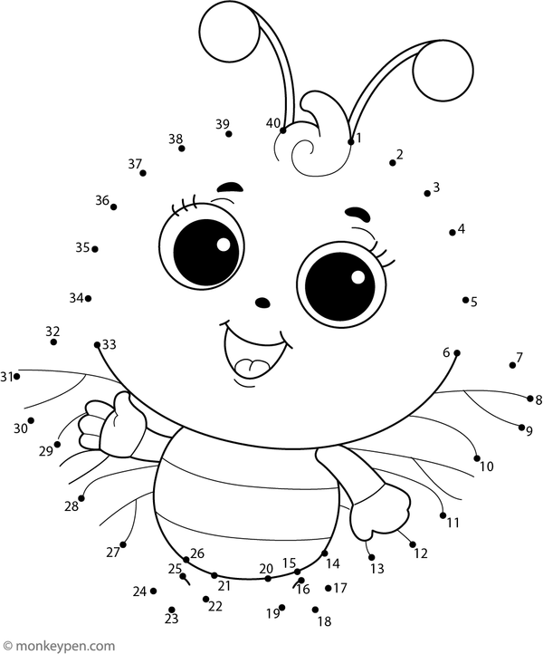 Printable dot-to-dot of a cartoon bee with wings and stripes for children to connect and color.