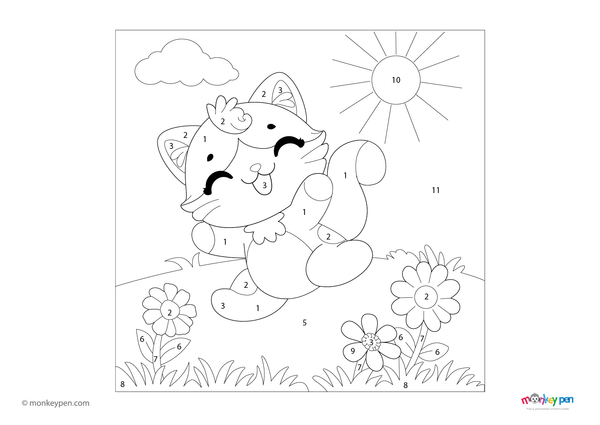 Adorable kitten color by number PDF for kids, free to download—features a playful cat with numbered sections for fur and surroundings, ideal for young animal lovers.