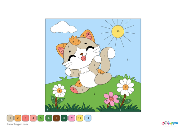Adorable kitten color by number PDF for kids, free to download—features a playful cat with numbered sections for fur and surroundings, ideal for young animal lovers.