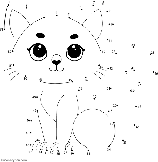 Printable dot-to-dot of a cartoon cat with whiskers, for children to connect and color.