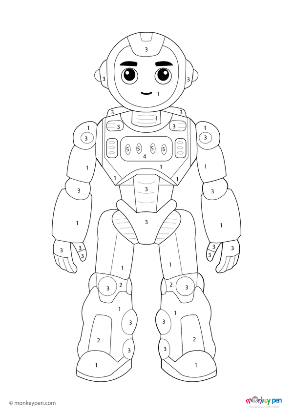 Futuristic robot color by number worksheet for kids, free to download as a fun PDF—features mechanical parts to color by number, blending creativity with early STEM learning.