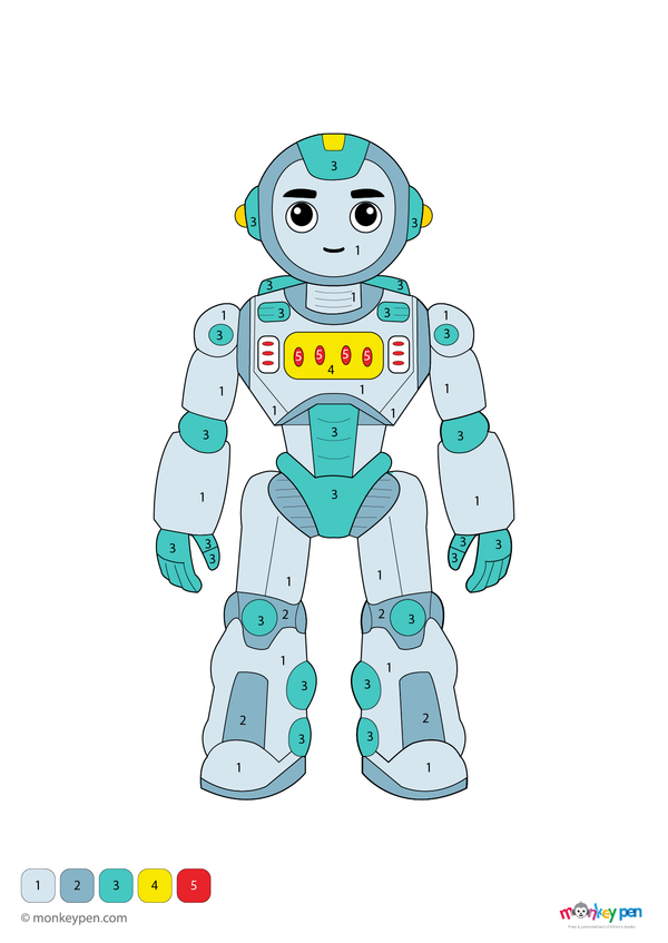 Futuristic robot color by number worksheet for kids, free to download as a fun PDF—features mechanical parts to color by number, blending creativity with early STEM learning.