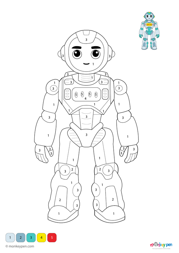 Futuristic robot color by number worksheet for kids, free to download as a fun PDF—features mechanical parts to color by number, blending creativity with early STEM learning.