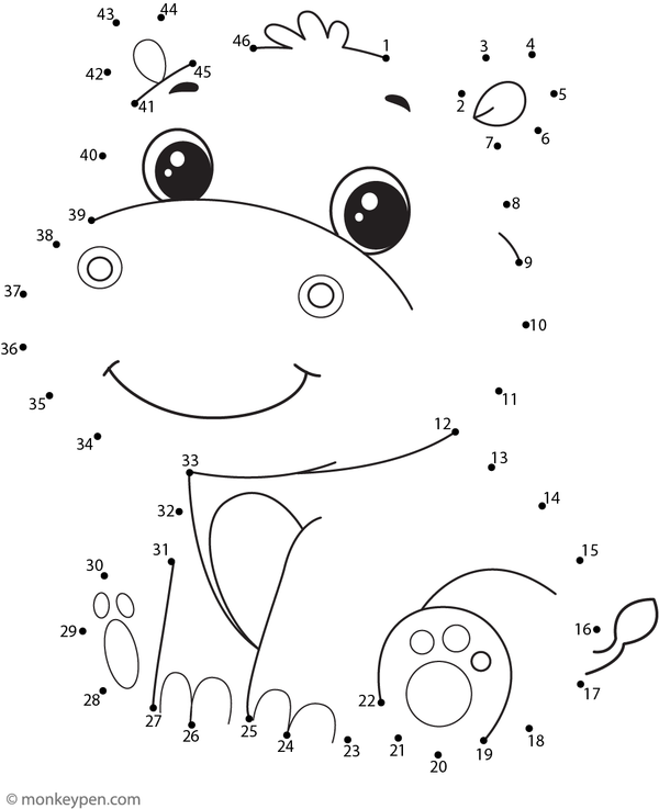 Printable dot-to-dot of a cute baby hippo for children to connect and color.