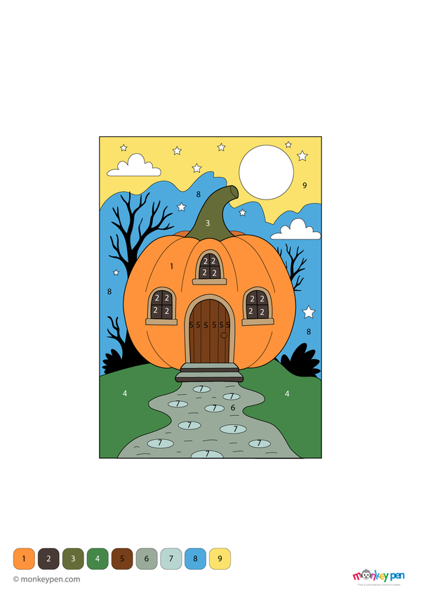 Whimsical pumpkin house color by number PDF for kids, free to download—features a festive autumn scene with numbered sections for coloring windows, doors, and fall surroundings.