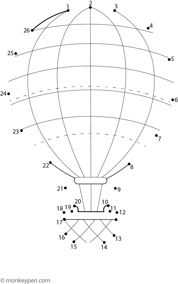 Printable dot-to-dot of a hot air balloon with basket for children to connect and color.