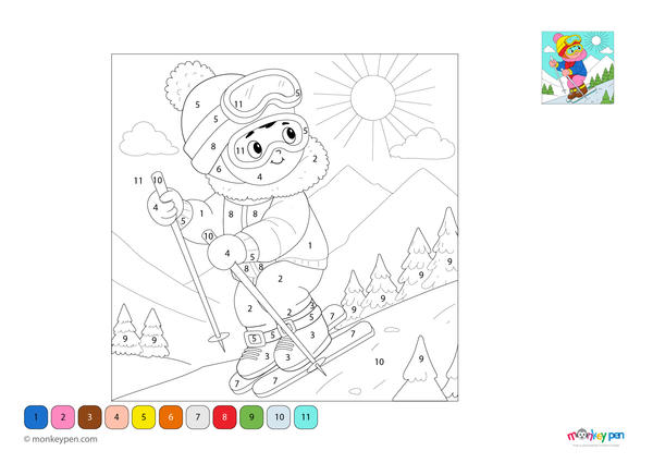 Free downloadable sky mountaineering color by number PDF for kids, featuring climbers scaling mountains among the clouds—perfect for creative learning and adventure-themed fun.