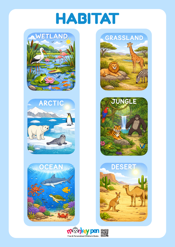 A colorful Habitat poster showing forest, ocean, desert, and arctic regions, each with animals living in their respective environments.