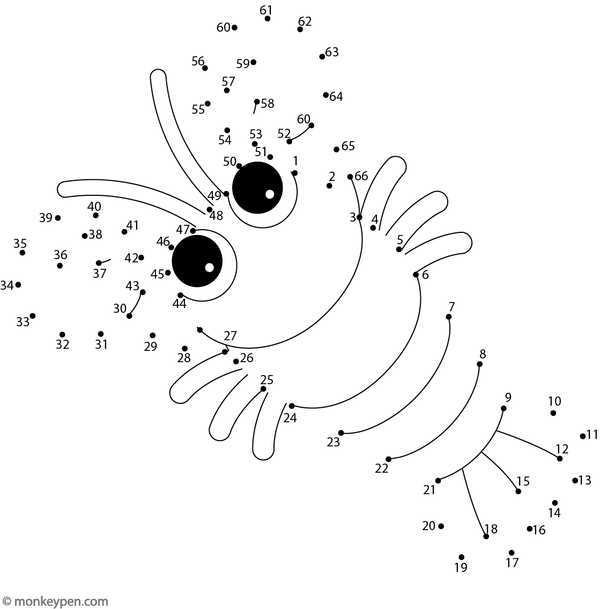Printable dot-to-dot of a cartoon lobster with claws for children to connect and color.