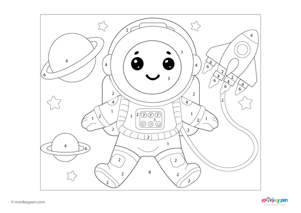 Free downloadable astronaut color by number PDF for kids, showing a spacewalking figure with stars and planets—fun and educational activity for learning through coloring.