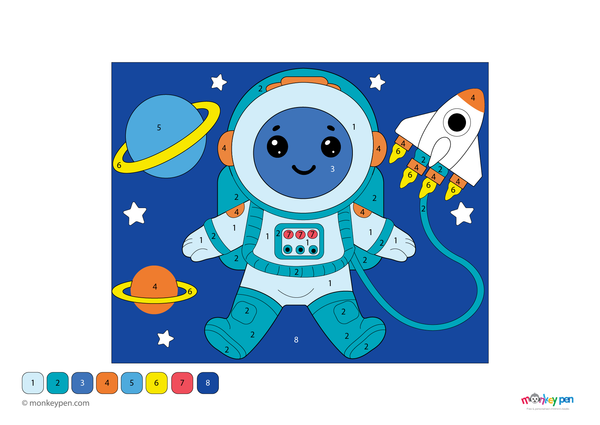 Free downloadable astronaut color by number PDF for kids, showing a spacewalking figure with stars and planets—fun and educational activity for learning through coloring.