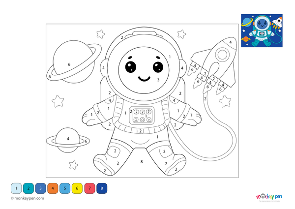 Free downloadable astronaut color by number PDF for kids, showing a spacewalking figure with stars and planets—fun and educational activity for learning through coloring.