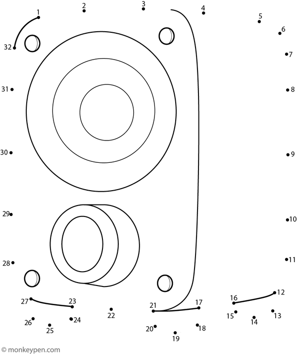Printable dot-to-dot of a cartoon music speaker with sound panels for children to connect and color.