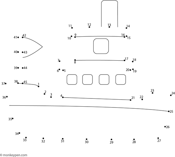Printable dot-to-dot of a cartoon ship with sails for children to connect and color.