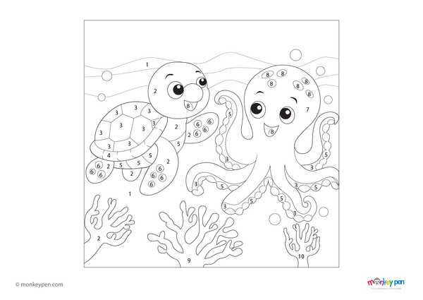 Free downloadable ocean-themed color by number PDF for kids, featuring a turtle and octopus to color by numbers—perfect for creative learning about marine life.