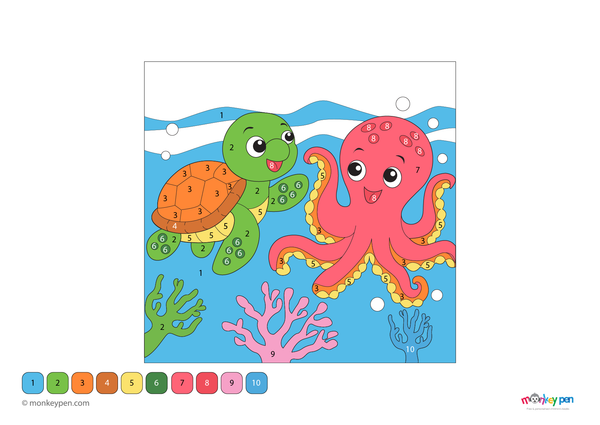 Free downloadable ocean-themed color by number PDF for kids, featuring a turtle and octopus to color by numbers—perfect for creative learning about marine life.