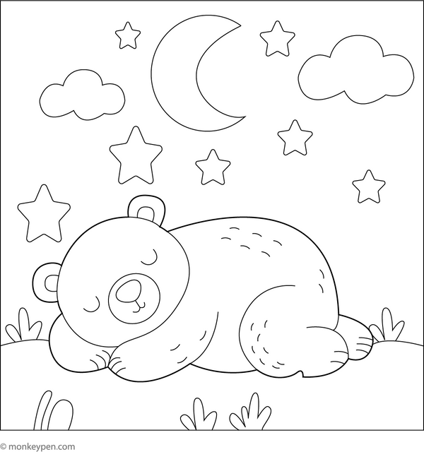 Bear Sleeping Under the Stars Coloring Page