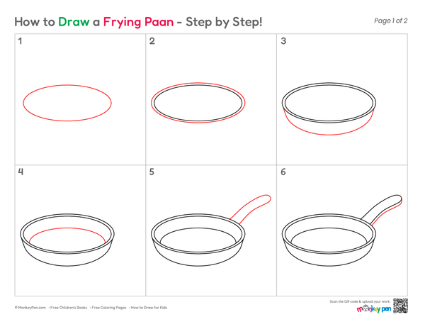 Cute frying pan sketch for kids and beginner artists.