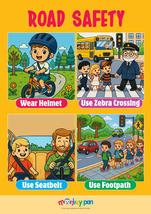 Illustrated road safety poster for children showing kids learning to wear helmets, use zebra crossings, wear seatbelts, and use footpaths