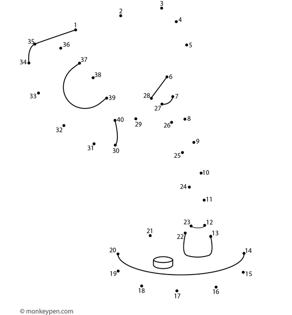 Printable dot-to-dot of a cartoon table lamp for children to connect and color.
