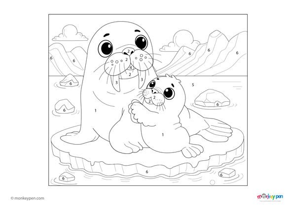 Downloadable walrus family color by number PDF for kids, showing Arctic animals on a snowy shore—fun and free to download for learning numbers and colors creatively.