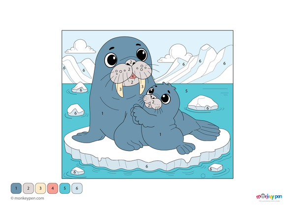Downloadable walrus family color by number PDF for kids, showing Arctic animals on a snowy shore—fun and free to download for learning numbers and colors creatively.