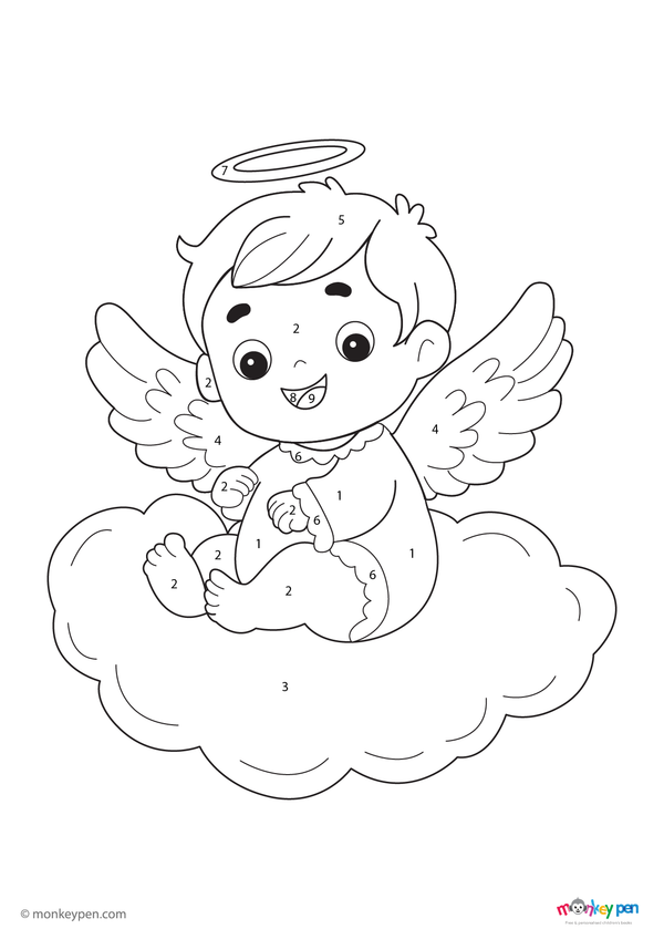Adorable baby angel color by number PDF for kids to download free, featuring a sweet angel with wings and halo—perfect for a peaceful and creative coloring experience.
