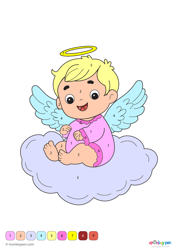Adorable baby angel color by number PDF for kids to download free, featuring a sweet angel with wings and halo—perfect for a peaceful and creative coloring experience.