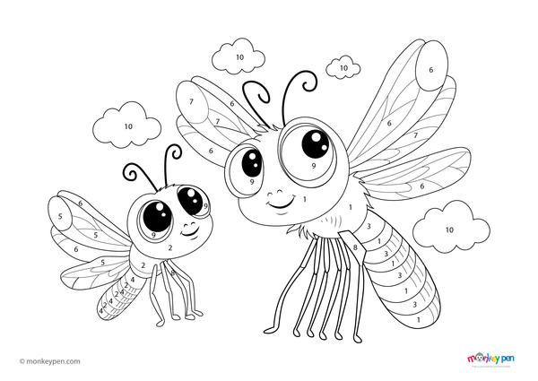 Downloadable dragonfly color by number worksheet for kids, featuring a free PDF with numbered sections to color delicate wings and plants – a fun, nature-inspired learning activity.