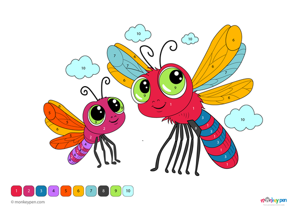 Downloadable dragonfly color by number worksheet for kids, featuring a free PDF with numbered sections to color delicate wings and plants – a fun, nature-inspired learning activity.