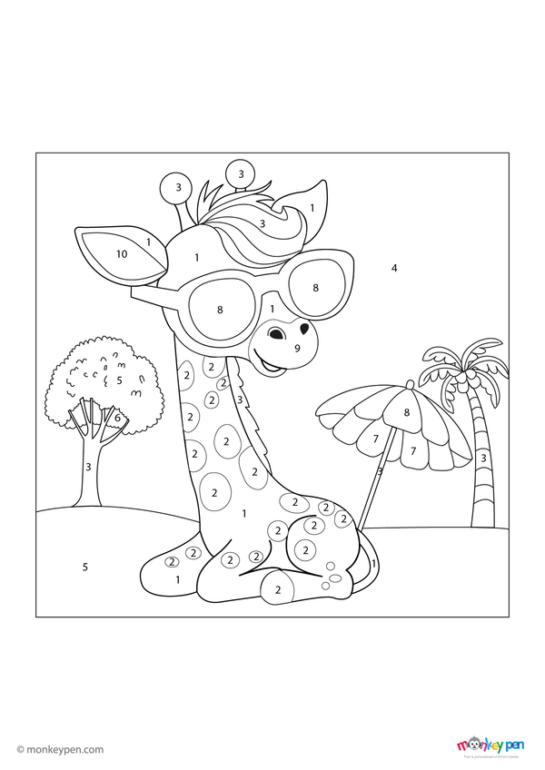 Free downloadable giraffe color by number PDF for kids, featuring numbered sections to color its long neck, legs, and spots—an educational and fun savannah-themed activity.