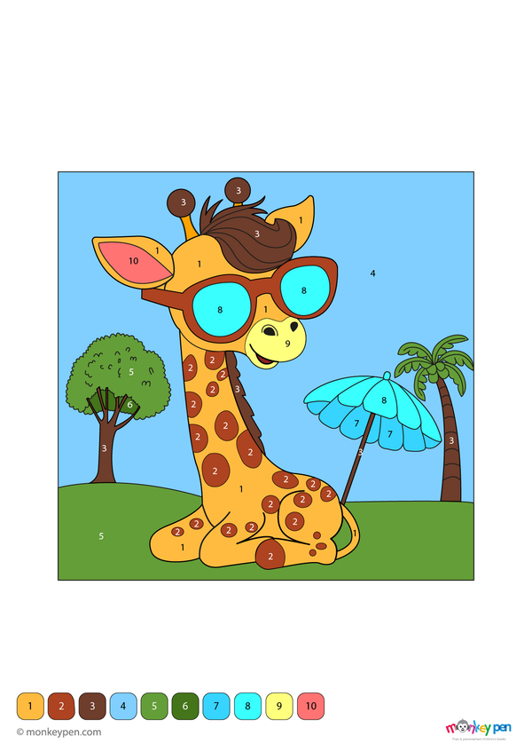 Free downloadable giraffe color by number PDF for kids, featuring numbered sections to color its long neck, legs, and spots—an educational and fun savannah-themed activity.