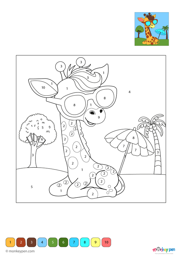 Free downloadable giraffe color by number PDF for kids, featuring numbered sections to color its long neck, legs, and spots—an educational and fun savannah-themed activity.