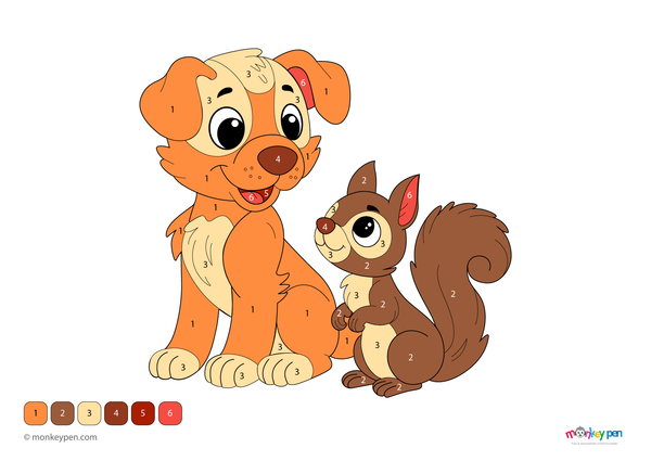 Color by number PDF featuring a playful puppy and curious squirrel, free to download—includes numbered sections for fur, tail, and forest background, perfect for animal-loving kids.