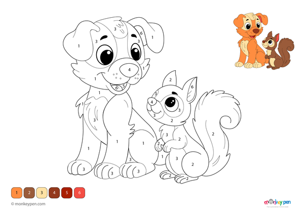 Color by number PDF featuring a playful puppy and curious squirrel, free to download—includes numbered sections for fur, tail, and forest background, perfect for animal-loving kids.