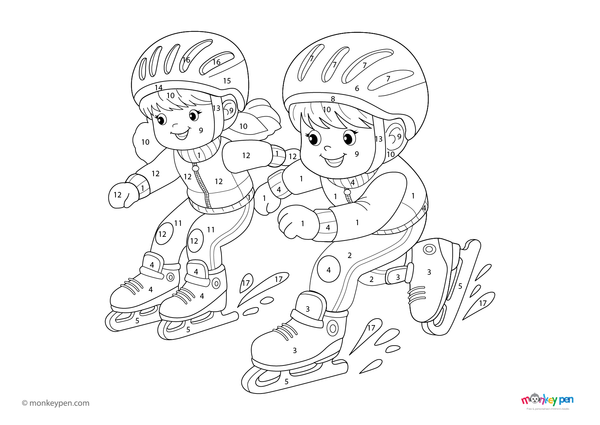 Speed skating color by number PDF for kids, free to download—features a skater in motion with numbered sections for outfit, ice rink, and background, combining fun with early learning.