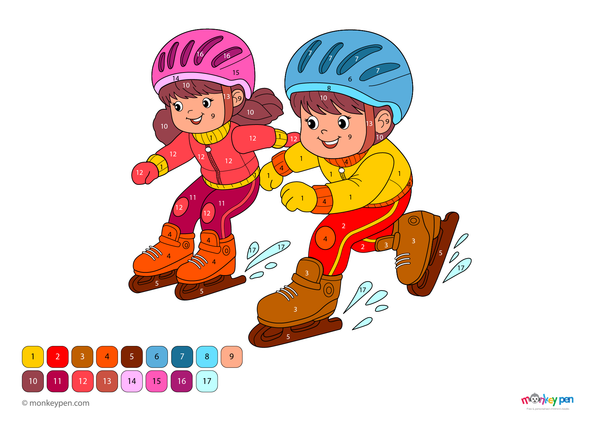 Speed skating color by number PDF for kids, free to download—features a skater in motion with numbered sections for outfit, ice rink, and background, combining fun with early learning.