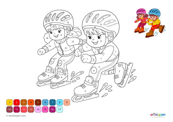 Speed skating color by number PDF for kids, free to download—features a skater in motion with numbered sections for outfit, ice rink, and background, combining fun with early learning.
