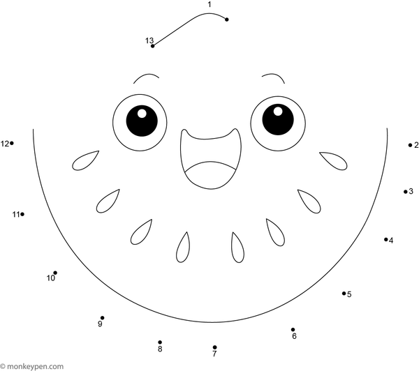 Dot to dot worksheet of a cartoon watermelon slice with seeds for children to connect and colour.