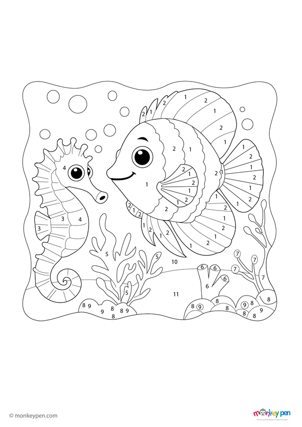 Underwater color by number PDF featuring an angelfish and seahorse, free to download—includes numbered sections for vibrant fins, delicate features, and ocean surroundings for creative marine learning.