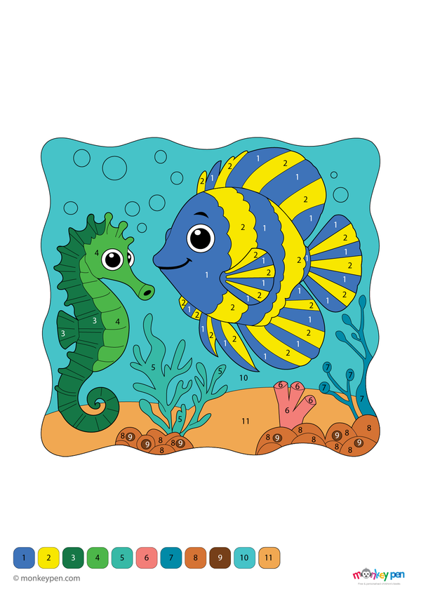 Underwater color by number PDF featuring an angelfish and seahorse, free to download—includes numbered sections for vibrant fins, delicate features, and ocean surroundings for creative marine learning.