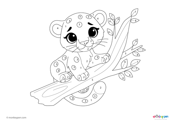 A cute baby leopard lying peacefully in the wild, shown in a color-by-number format. This free downloadable PDF coloring activity helps children explore wildlife while practicing numbers and colors.