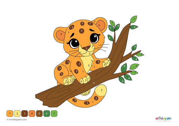 A cute baby leopard lying peacefully in the wild, shown in a color-by-number format. This free downloadable PDF coloring activity helps children explore wildlife while practicing numbers and colors.