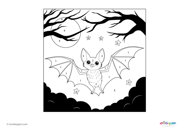 A bat flying through a starry night sky with a glowing moon, illustrated in a color-by-number style. This free downloadable PDF offers a creative coloring activity that helps kids explore nocturnal animals while learning numbers.