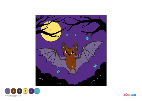 A bat flying through a starry night sky with a glowing moon, illustrated in a color-by-number style. This free downloadable PDF offers a creative coloring activity that helps kids explore nocturnal animals while learning numbers.