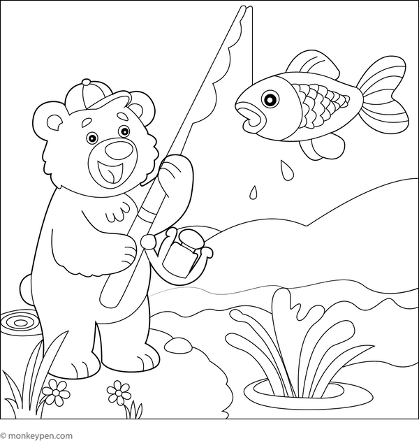 Bear Fishing in a River Coloring Page