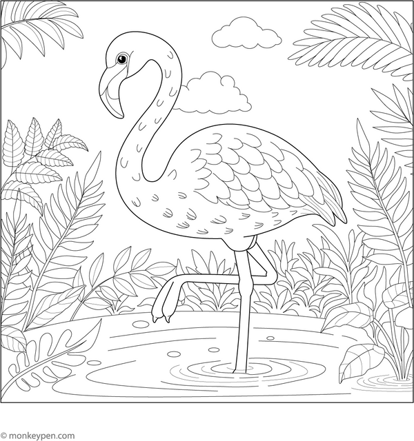 Flamingo in a Fern Garden Coloring Page
